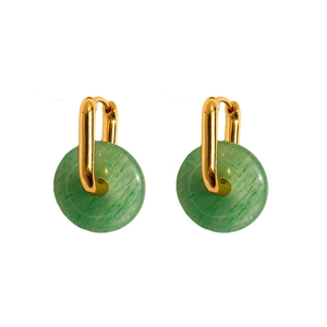 U-shaped gold earrings with green aventurine stone donut pendants in Neo-Chinese style