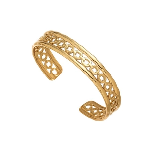 Detailed view of gold plated open bangle with hollow chain link and hammered texture