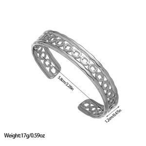 Silver open bangle with hollow chain texture and wave edges, 5.8cm inner diameter