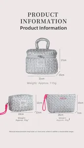 Detailed size chart for silver quilted cosmetic bags in three different portable styles