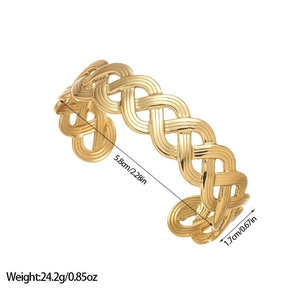 Detailed view of gold plated woven bangle with hollow wave patterns and size dimensions