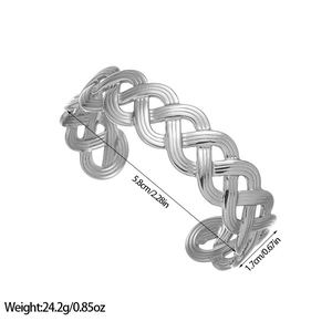 Technical drawing of wide silver braided cuff bracelet with diameter and weight metrics