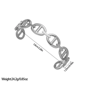 Detail view of steel bracelet with inner diameter 5.8cm and width 1.25cm dimensions