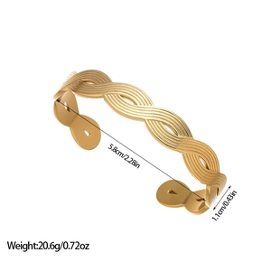 Detail view showing dimensions of a gold-plated twisted wave cuff bracelet for women