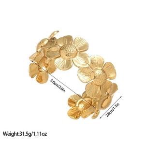 Detailed view of gold stainless steel sunflower cuff with precise size dimensions