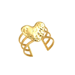 Detail of gold heart ring featuring a hammered metal texture and multi-layered open band
