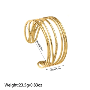 Detailed size specifications for wide hammered gold-plated multi-layer bangle with measurements