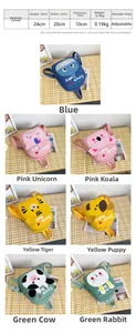 Size chart for cartoon animal backpacks including dimensions and material details