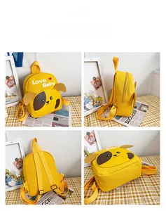 Detailed views of yellow toddler canvas backpack with cute cartoon dog ears and adjustable straps