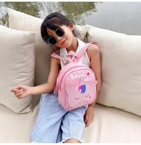 Pink cartoon unicorn backpack for girls with 3D ears and soft canvas fabric straps