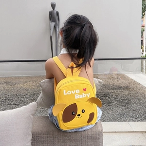 Cute yellow canvas toddler backpack with cartoon dog ears and Love Baby printed text