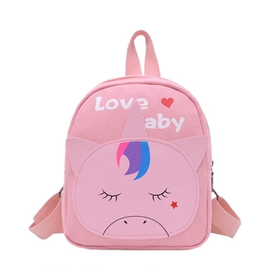 Pink canvas toddler backpack with a cute 3D unicorn design and Love Baby embroidery