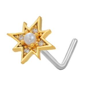 L-shaped star nose stud with gold octagonal star, white pearl and sparkling zircon accents