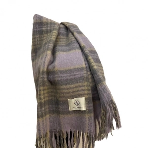 Classic plaid tassel scarf in purple, grey and beige with soft knitted fabric texture