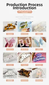 Collage of hair claws featuring faux acetate designs, pearl inlays, and carved motifs