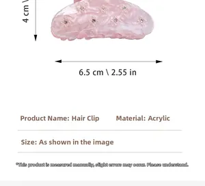 Detailed view of pink acrylic flower claw clip with 6.5cm length measurement