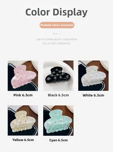 Detailed display of five colors of rhinestone flower acrylic hair claw clips