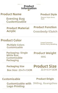 Detailed size and weight specifications for this acrylic evening clutch bag