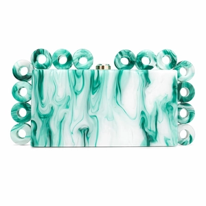 Detail of green and white marble acrylic clutch with round links and gold clasp