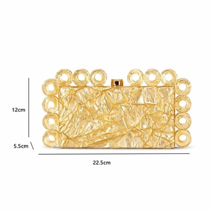 Detailed view of champagne acrylic evening clutch bag showing 22.5cm size dimensions