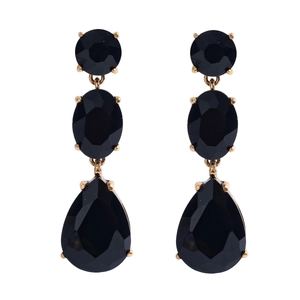 Elegant black teardrop crystal drop earrings with gold plating for women's fashion