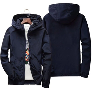 Front and back view of dark blue hooded windbreaker jacket with elastic cuffs and zipper