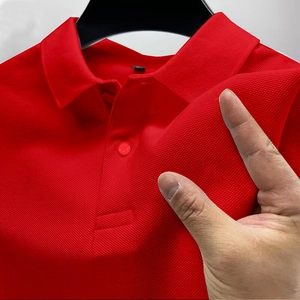 Men's bright red pique cotton polo shirt with classic lapel collar and dual buttons
