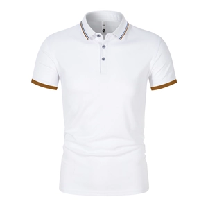 Men's white ice silk polo shirt with striped collar and brown contrast cuffs