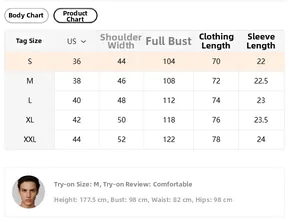 Detailed size chart for men's quick-dry T-shirt with measurements from S to XXL