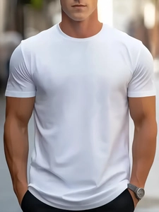 Close-up of quick-dry fabric on white men's round neck t-shirt with premium cotton texture