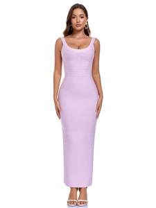 Elegante abito lungo bandage color lavanda con vestibilità slim senza maniche da festa