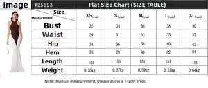Size chart for halter backless mermaid dress showing bust, waist, and hip measurements