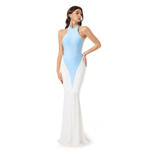 Sleeveless halter neck fishtail evening dress in blue and white contrast with waist ruching