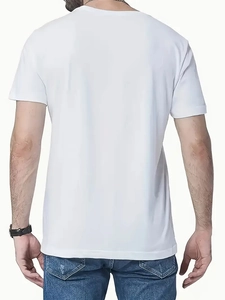 Back view of a white quick-dry slim fit crew neck t-shirt for men on a plain background