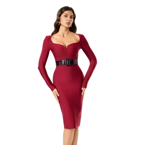 Detail of burgundy long sleeve bandage dress with square neckline and black crocodile belt