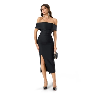 Women Sexy Off The Shoulder Elegant Black Bodycon Dress Side Slit Party Evening Midi Dress For Formal Banquet Events