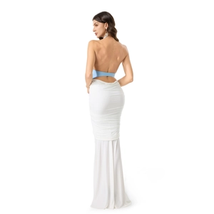 Elegant backless fishtail gown featuring light blue top and white ruched skirt