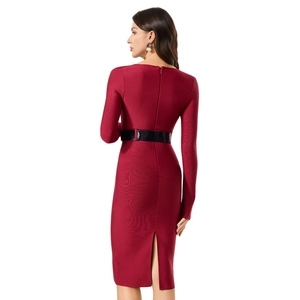 Rear view of burgundy long sleeve bandage dress with black belt and back slit detail