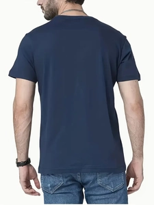 Rear view of men's quick-dry navy blue crew neck t-shirt with premium texture
