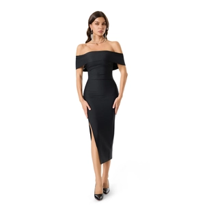 Elegant black off-the-shoulder slim fit midi dress with a high side slit for women