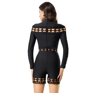 Vue arrière du combishort bandage noir avec découpes géométriques et fermeture éclair