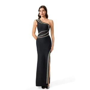 Robe Maxi Bandage Noire Élégante à Une Épaule avec Strass Femme Sexy Fente Haute Patchwork en Maille Robe de Soirée