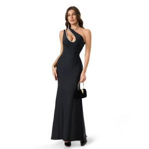 Detail of elegant black one-shoulder dress with heart cutout and sparkling rhinestone trim