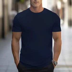 Navy blue slim fit men's quick-dry t-shirt with round neck for summer casual wear