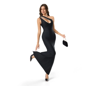 Detail of elegant one-shoulder cutout evening dress with silver rhinestone trim and mermaid hem
