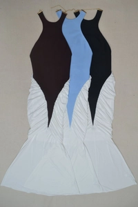 Detailed comparison of halter fishtail dresses in coffee, light blue, and black colors