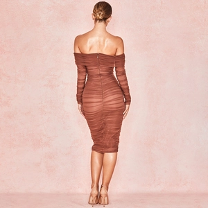 Detailed back view of coffee brown ruched mesh midi dress showing zipper and fit