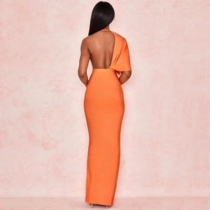 Back view of a vibrant orange one-shoulder bandage dress with a deep V-neck backless design