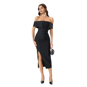 Elegant off-shoulder black bodycon evening dress with high side slit and bandage fabric