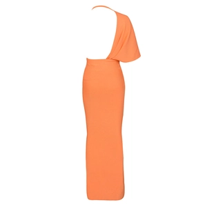Detail of orange one-shoulder bandage dress showing the elegant asymmetric backless design